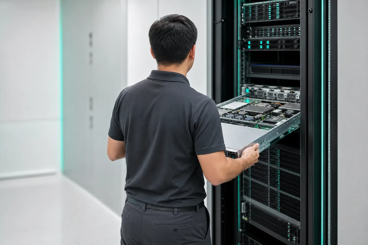An engineer sliding a rack-mounted server out of an open cabinet in a data centre