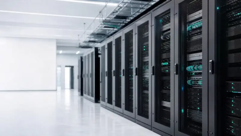 Rows of server racks in a brightly lit data centre aisle