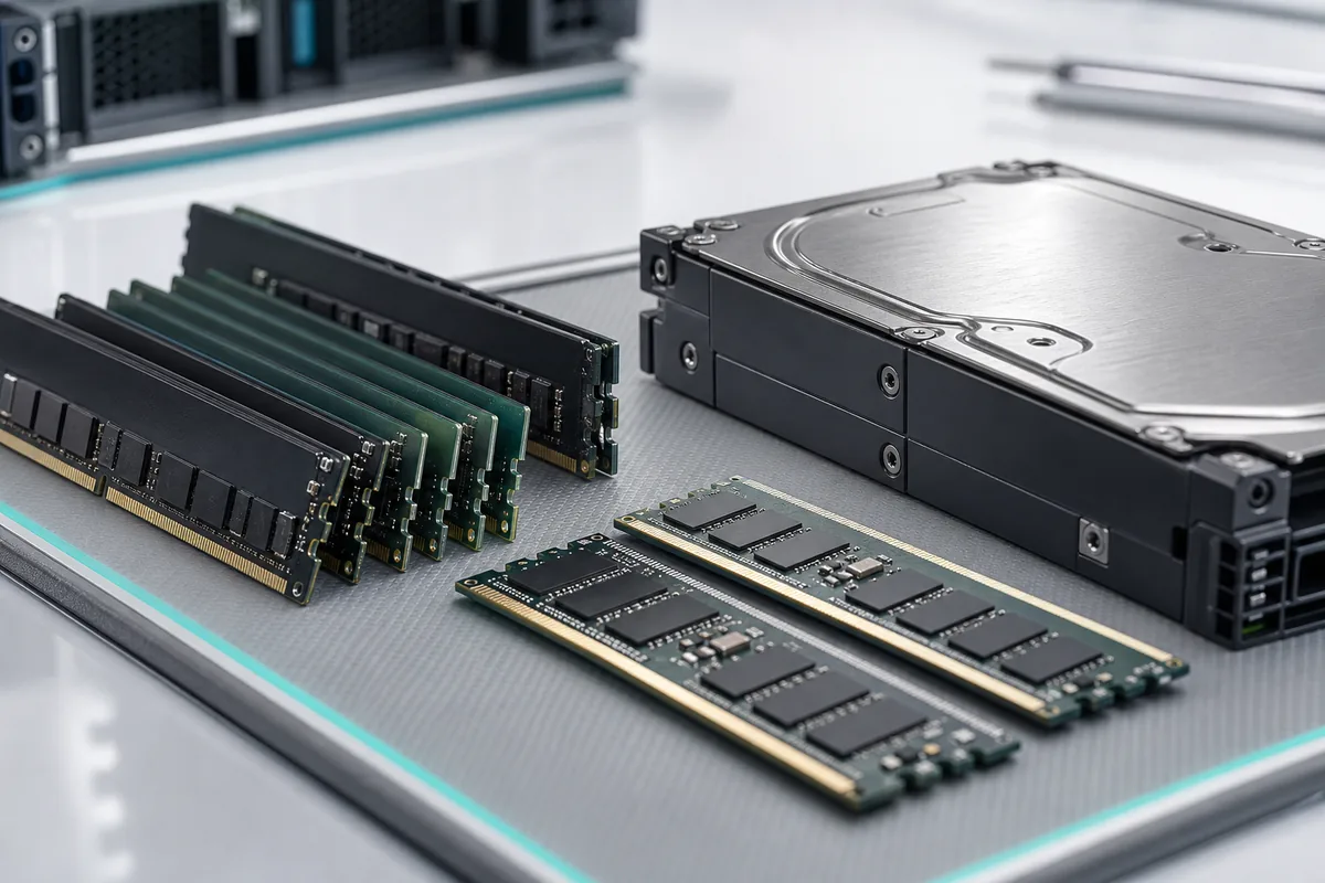 Memory modules and an enterprise disk drive laid out on a light anti-static work surface