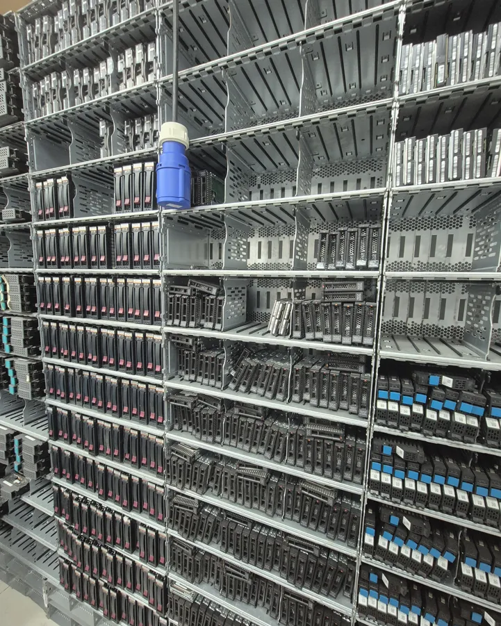 A wall of drive carriers racked in a repeating grid