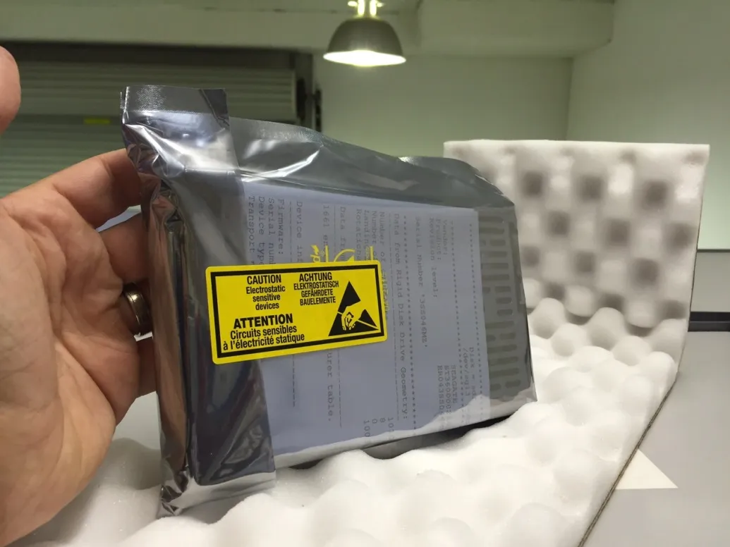 Close-up of the electrostatic caution label printed on an anti-static bag